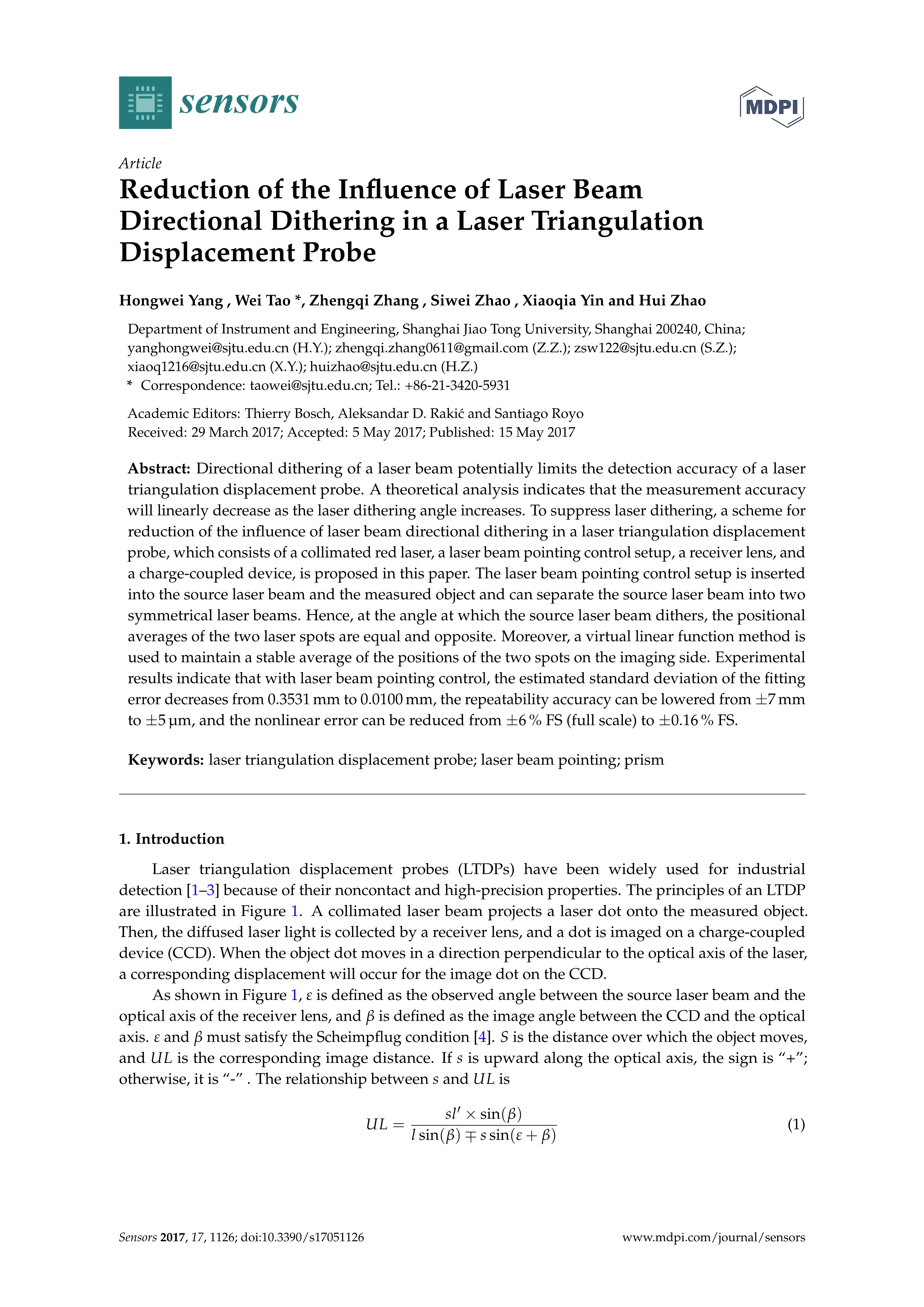 05 SCI论文-Reduction of the Influence of Laser Beam Directional Dithering in a Laser Triangulation Displacement Probe