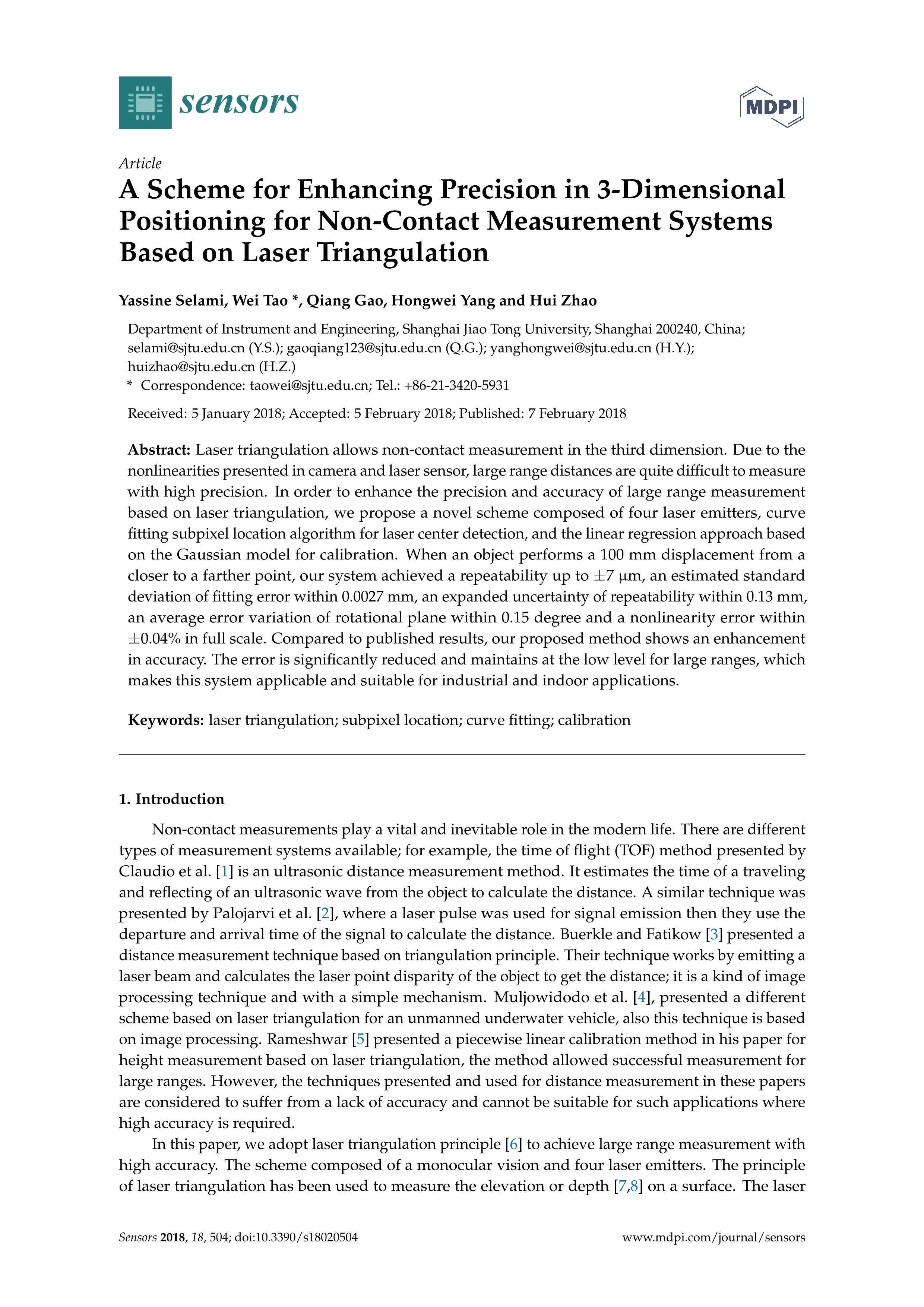 07 SCI论文-A Scheme for Enhancing Precision in 3-Dimensional Positioning for Non-Contact Measurement Systems Based on Laser Triangulation